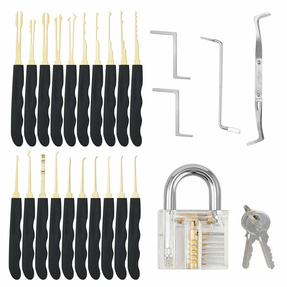 GOSO 24 Piece Lock Pick Set + Transparent Practice Padlock Bundle